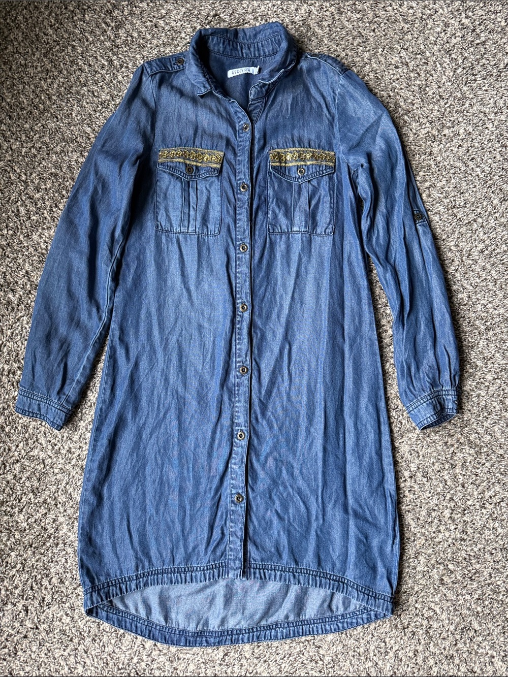 Kenneth Cole Reaction Blue Denim Shirt Dress with Embroidered Pocket Details